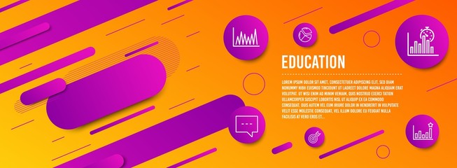 Header banner. Line graph, Target and Report timer icons simple set. Blog, Pie chart and Efficacy signs. Market diagram, Targeting. Education set. Line line graph icon. Gradient elements. Vector