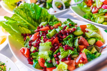 Assortment of fresh vegetable salads in restaurant buffet