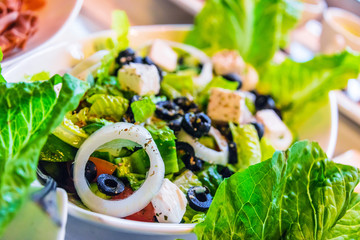 Assortment of fresh vegetable salads in restaurant buffet