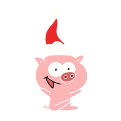Obraz premium cheerful sitting pig flat color illustration of a wearing santa hat