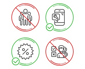 Fototapeta premium Do or Stop. Discount, Phone repair and Group icons simple set. Opinion sign. Special offer, Spanner service, Managers. Choose answer. Business set. Line discount do icon. Prohibited ban stop. Vector