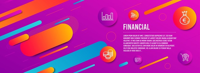 Header banner. Loan percent, Money bag and Change card icons simple set. Report diagram, Tips and Add products signs. Growth chart, Euro currency. Finance set. Line loan percent icon. Vector