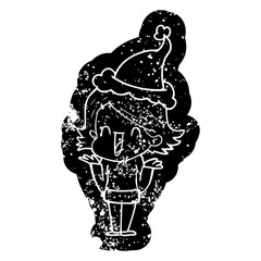 cartoon distressed icon of a happy woman wearing santa hat