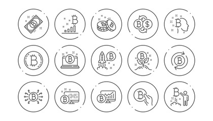 Cryptocurrency line icons. Blockchain, Crypto ICO and Bitcoin. Mining linear icon set. Line buttons with icon. Editable stroke. Vector