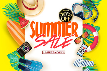 Decorative Summer Poster on Yellow Background with Up to 50% Off for Limited Time Only Message, Mask, Snorkel, Fins, Hat, Watermelon, Palm Leaves, Sunglasses, Digital Camera, Mobile Phone, Surfboard