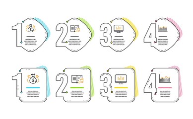 Check investment, Music book and Music making icons simple set. Money diagram sign. Business report, Musical note, Dj app. Currency diagram. Education set. Infographic timeline. Vector