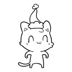 line drawing of a happy cat wearing santa hat