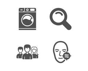 Set of Search, Washing machine and Teamwork icons. Problem skin sign. Magnifying glass, Laundry service, Group of users. Facial care.  Classic design search icon. Flat design. Vector