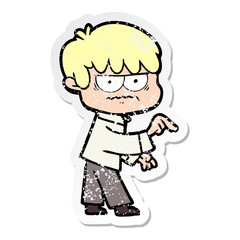 distressed sticker of a annoyed cartoon boy