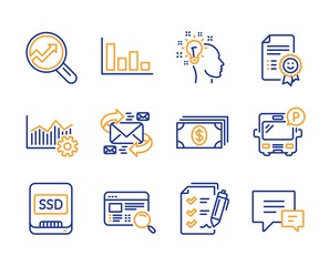 Operational excellence, Idea and Survey checklist icons simple set. Bus parking, Smile and Ssd signs. E-mail, Banking and Histogram symbols. Website search, Analytics and Comment. Vector