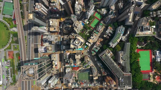 sunny hong kong city downtown district traffic streets high aerial topdown panorama 4k