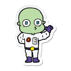 sticker of a waving weird bald spaceman