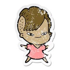 distressed sticker of a cute cartoon girl with hipster haircut