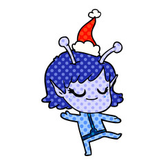 smiling alien girl comic book style illustration of a wearing santa hat