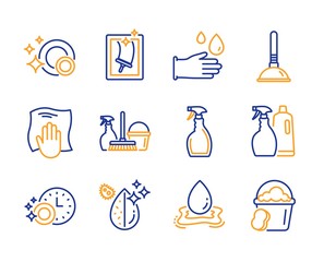 Plunger, Spray and Washing cloth icons simple set. Window cleaning, Rubber gloves and Dishwasher timer signs. Clean dishes, Dirty water and Water splash symbols. Line plunger icon. Colorful set