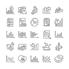Charts and Diagrams line icons. Report, Block diagram, 3D Chart and Dot Plot graph linear icons. Trend, Pyramid and Pie chart report symbols. Presentation infochart, process flow diagram. Vector