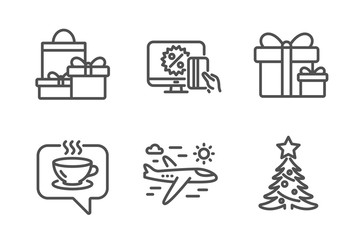 Online shopping, Surprise package and Shopping icons simple set. Coffee, Airplane travel and Christmas tree signs. Black friday, Present boxes. Holidays set. Line online shopping icon. Editable stroke