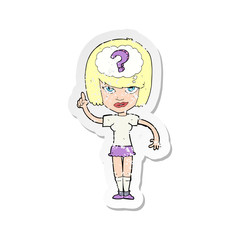 retro distressed sticker of a cartoon woman thinking