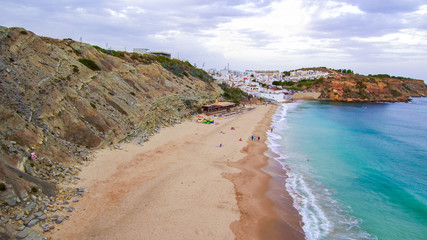 Aerial view in beach of Algarve. Portugal. Drone Photo