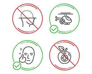 Do or Stop. Face scanning, Medical helicopter and Healthy face icons simple set. Medical food sign. Faces detection, Sky transport, Healthy cosmetics. Apple. Healthcare set. Line face scanning do icon