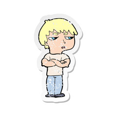 retro distressed sticker of a cartoon annoyed boy