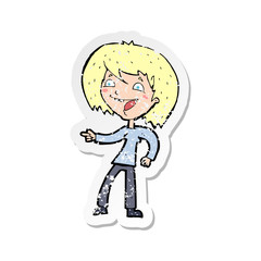 retro distressed sticker of a cartoon woman laughing and pointing