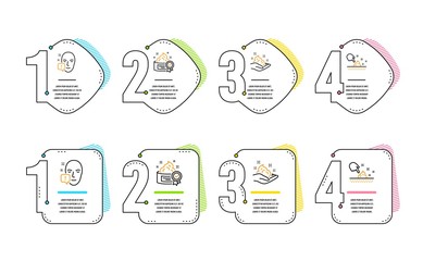 Face attention, Cream and Skin care icons simple set. Skin moisture sign. Exclamation mark, Best lotion, Hand cream. Medical set. Infographic timeline. Line face attention icon. 4 options or steps