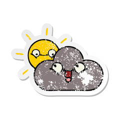 distressed sticker of a cute cartoon storm cloud and sun