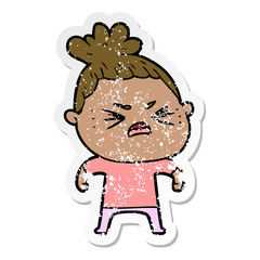 distressed sticker of a cartoon angry woman