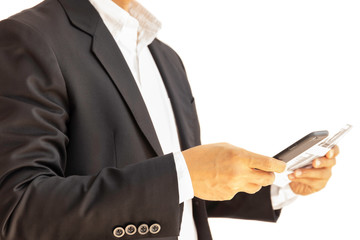 Businessman using cellphone working with documents isolated clipping path.