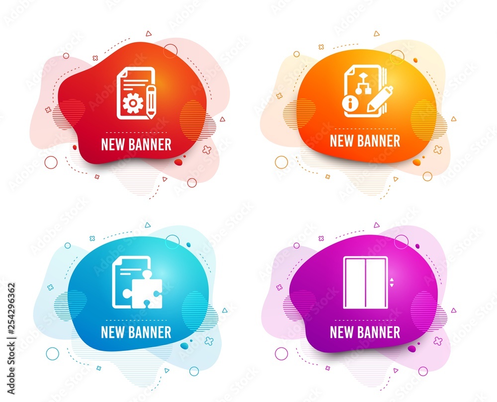 Aufkleber liquid badges. set of algorithm, documentation and strategy icons. lift sign. project, puzzle, eleva
