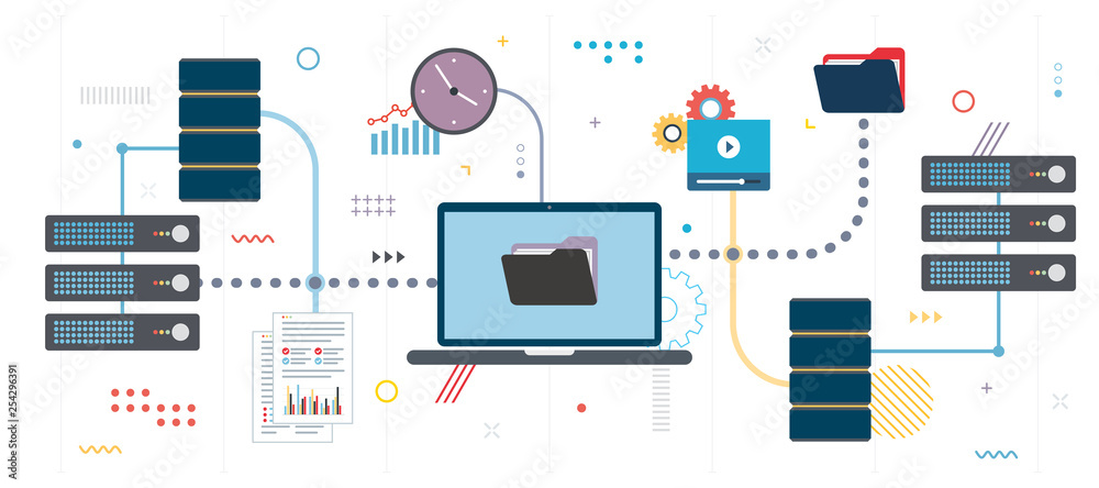 Poster transfer data network documents and data backup. file sharing, shared data and documents.template in