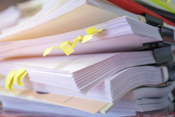 Stack of report paper documents for business desk, Business papers for Annual Report files, Document is written,presented. Business offices concept, soft focus