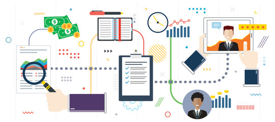 Analysis, rating and feedback in business. Customer testimonials, feedback, rating and liked. Template in flat design for web banner or infographic in vector illustration.