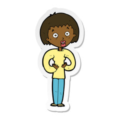 sticker of a cartoon woman gesturing at self