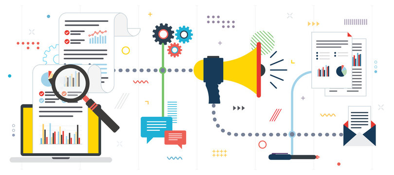 Marketing strategy  and investment planning. Data analysis, digital marketing and business marketing. Template in flat design for web banner or infographic in vector illustration.