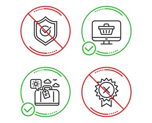Do or Stop. Approved shield, Web shop and Travel luggage icons simple set. Reject medal sign. Protection, Shopping cart, Trip bag. Award rejection. Line approved shield do icon. Prohibited ban stop