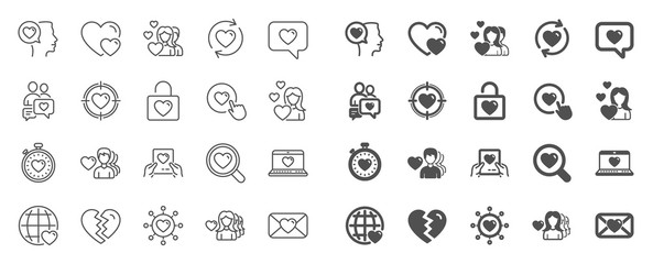 Love line icons. Couple, Romantic and Heart icons. Valentines day love symbols. Divorce or Break up heart, romantic couple. Laptop, timer, communication. Target, valentines day holiday. Vector