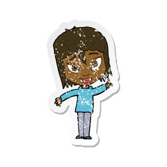 retro distressed sticker of a cartoon woman with idea
