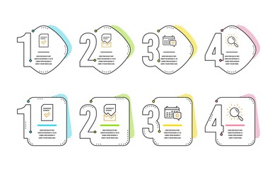 Corrupted file, Travel calendar and Checked file icons simple set. Search sign. Damaged document, Trip planning, Correct document. Infographic timeline. Line corrupted file icon. 4 options or steps