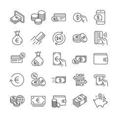 Money wallet line icons. Set of Cash, Credit card and Coins icons. Banking, Currency exchange and Cashback service. Wallet, Euro and Dollar money, credit card. Cash exchange, bank payment. Vector