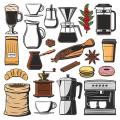 Isolated coffee beans and spices, machine icons