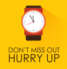  Don't Miss Out, Hurry Up Concept. Stopwatch clock ticking on yellow background. Modern flat design