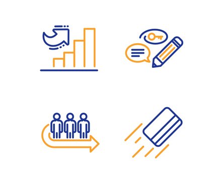 Growth chart, Keywords and Queue icons simple set. Credit card sign. Diagram graph, Pencil with key, People waiting. Bank payment. Linear growth chart icon. Colorful design set. Vector