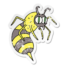 distressed sticker of a quirky hand drawn cartoon wasp