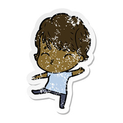 distressed sticker of a cartoon woman thinking