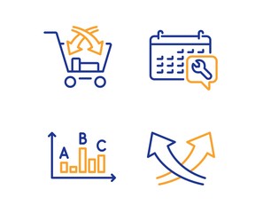 Survey results, Cross sell and Spanner icons simple set. Intersection arrows sign. Best answer, Market retail, Repair service. Exchange. Technology set. Linear survey results icon. Colorful design set