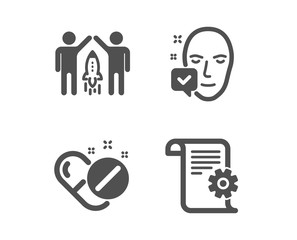Set of Face accepted, Partnership and Medical pills icons. Technical documentation sign. Access granted, Business startup, Drugs. Manual.  Classic design face accepted icon. Flat design. Vector