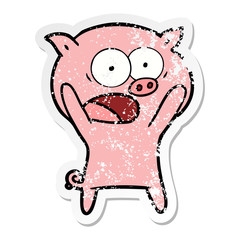 distressed sticker of a cartoon pig shouting