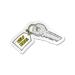 retro distressed sticker of a cartoon house key with new home tag